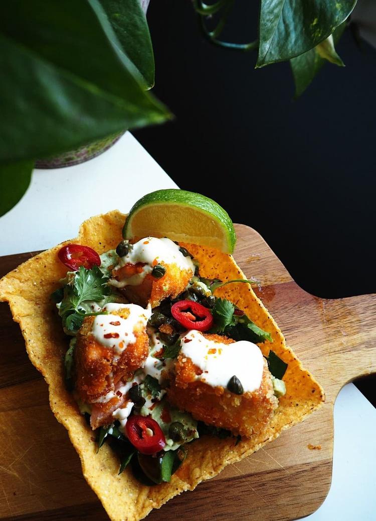 Crispy Salmon Taco with Guacamole and Tamarind Dressing