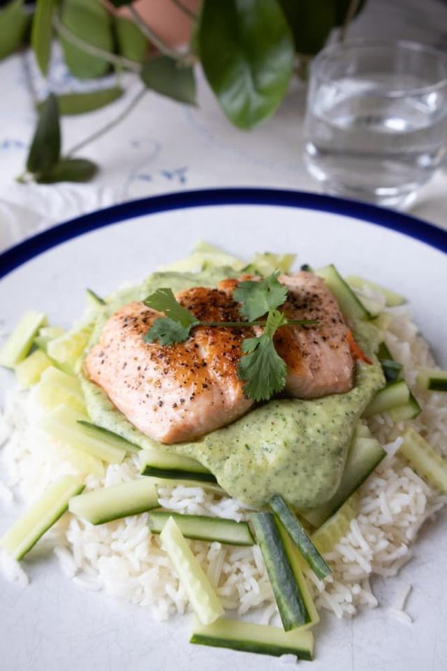Salmon with Avocado Cream and Rice