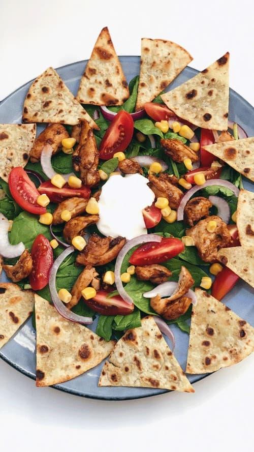 Spicy Chicken Salad with Homemade Tortilla Chips