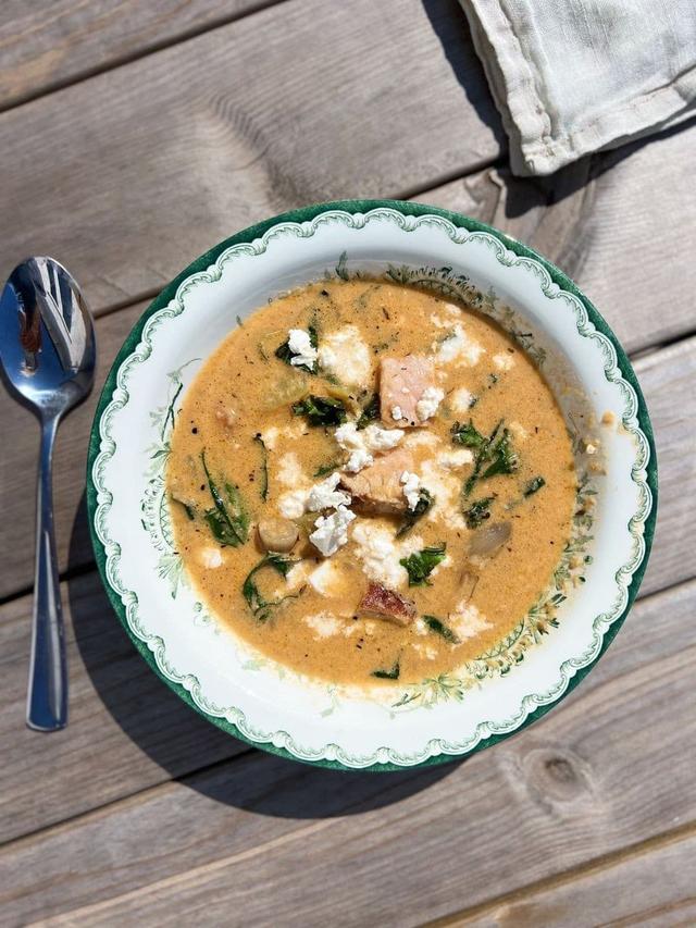 Meat Stew from Leftover Soup with Kale and Feta Cheese