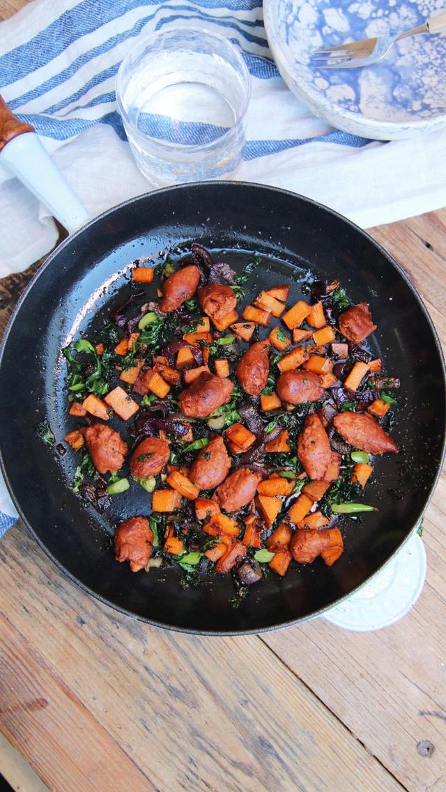 Pan-fried Vegan Sausage, Sweet Potato and Kale