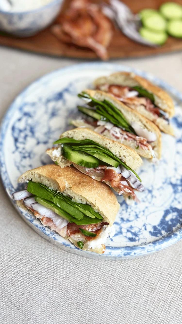 Potato Bread Sandwich with Cream Cheese, Bacon and Greens