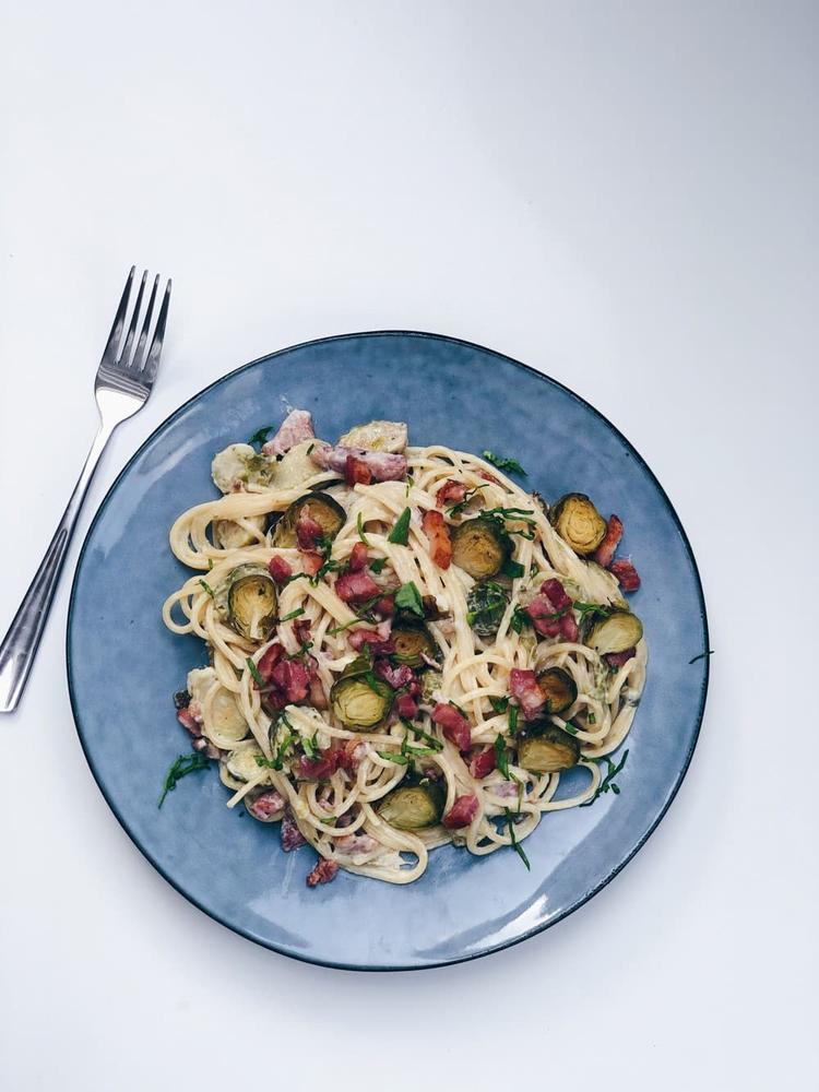 Spaghetti with Bacon and Brussels Sprouts in a Creamy Blue Cheese Sauce