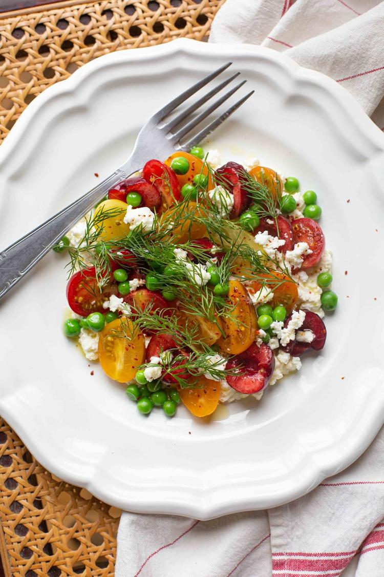 Feta Cream with Tomato, Cherries, Peas and Dill