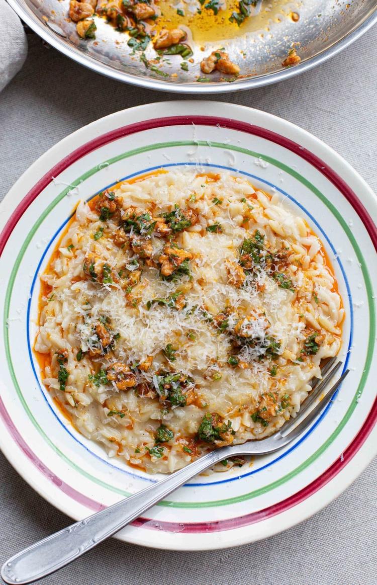 Orzo with Caramelised Onion, Walnuts and Harissa Butter