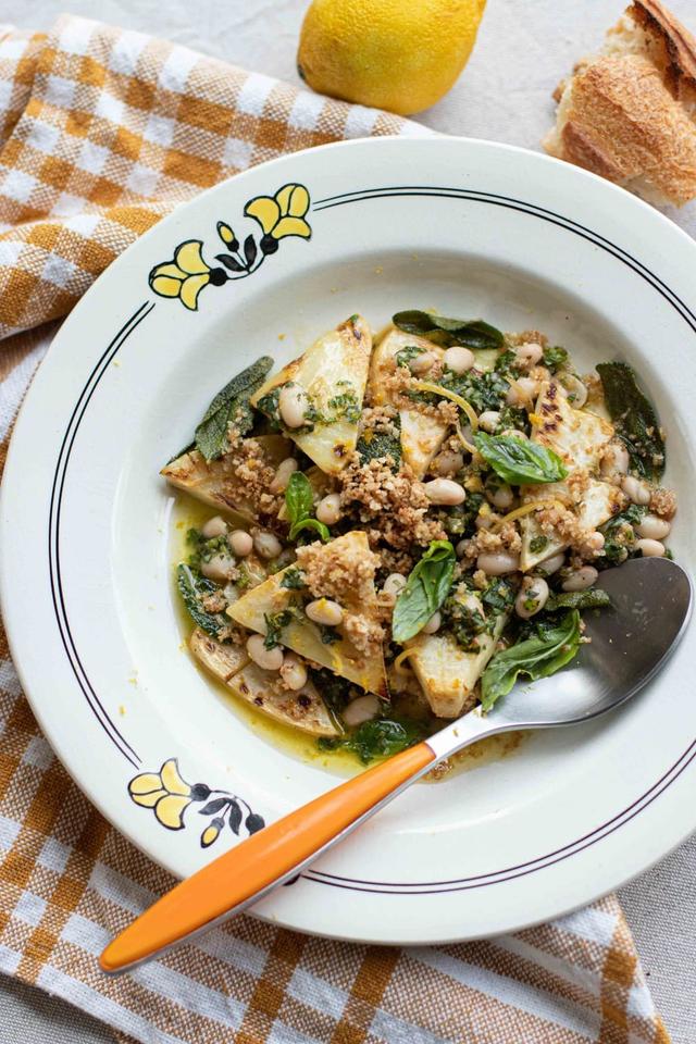 Pan Fried Celeriac with White Beans and Gremolata