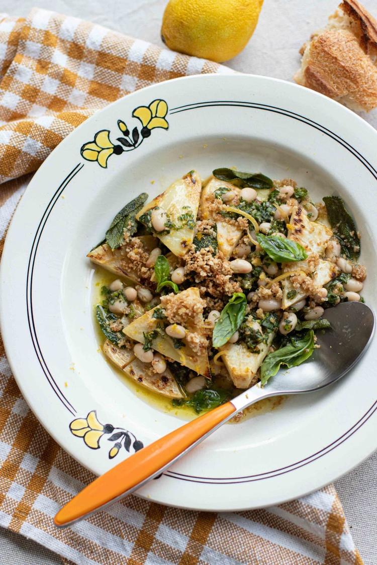 Pan Fried Celeriac with White Beans and Gremolata