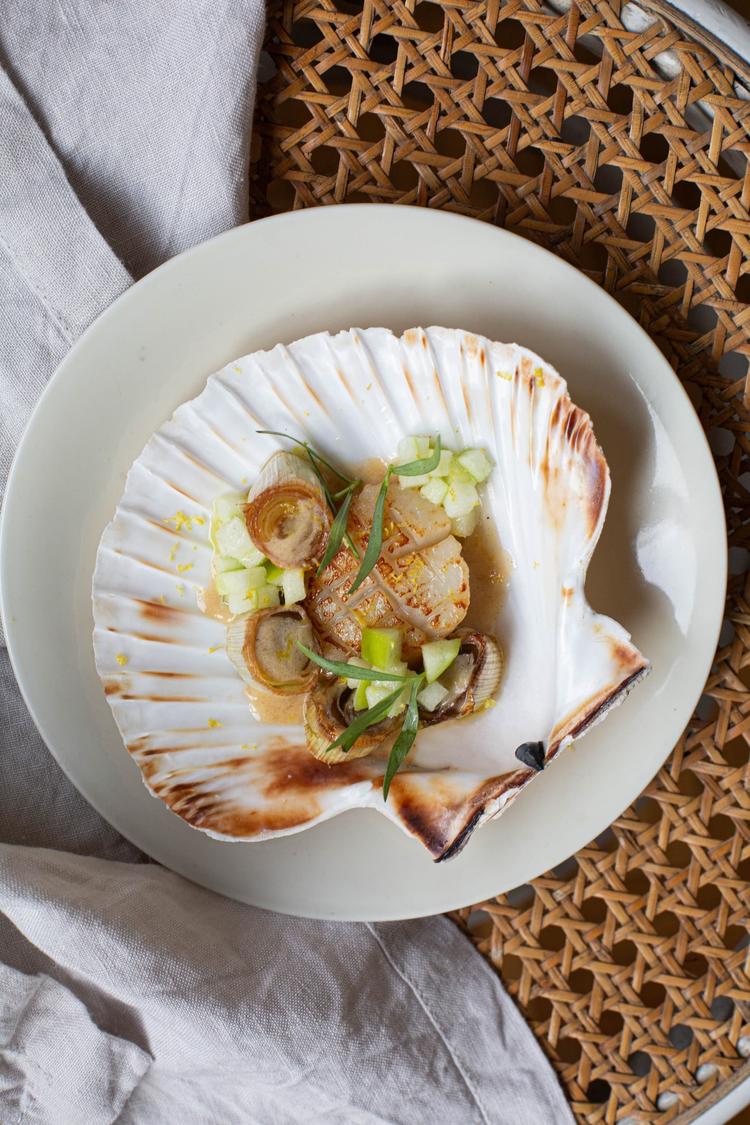 Kamskjell med kremet purre, grønt eple og estragonolje