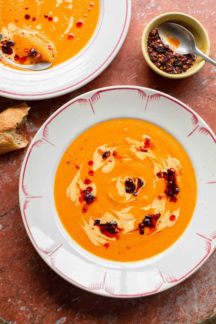 Carrot Soup with Grilled Peppers and Mimolette Cream