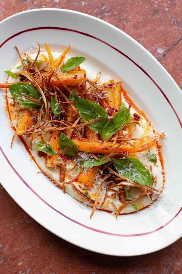 Pureed, Panfried and Deel Fried Parsip with Nduja and Parmesan