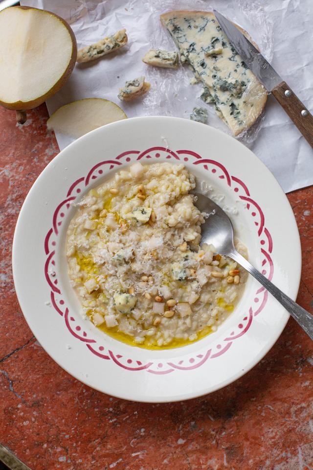 Risotto med purre, blåmuggost og pære