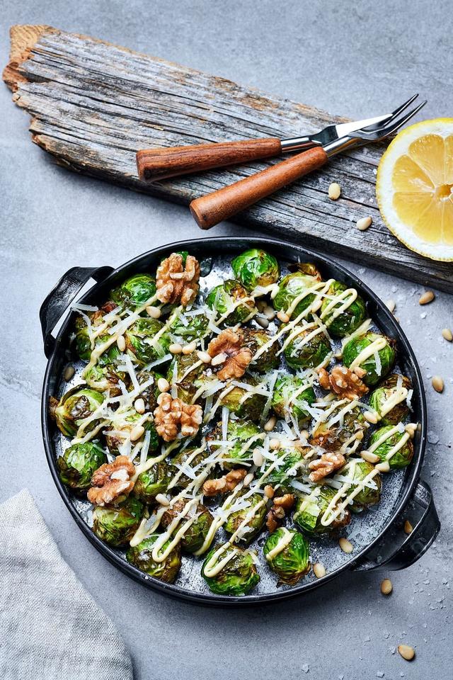 Fried Brussels Sprouts with Honey, Aioli and Pine Nuts